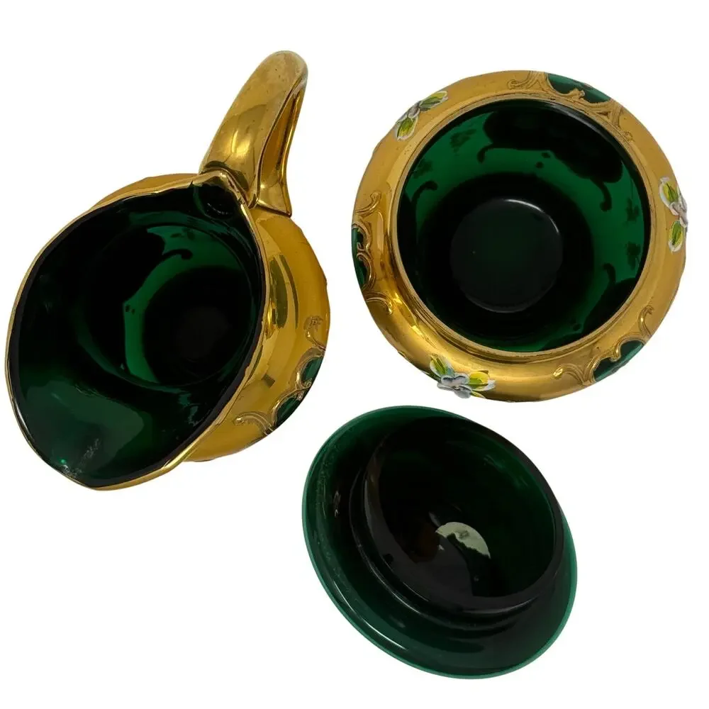 Vintage Emerald Green Gold Enamel Sugar Bowl & Creamer Set Floral